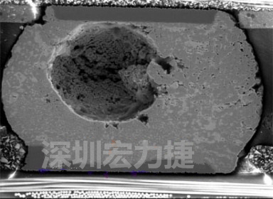 錫球氣泡大到足以影響到焊接的品質，下圖是錫球切片后的剖面，可以很明顯看到氣泡已經有錫球的 1/3 大了