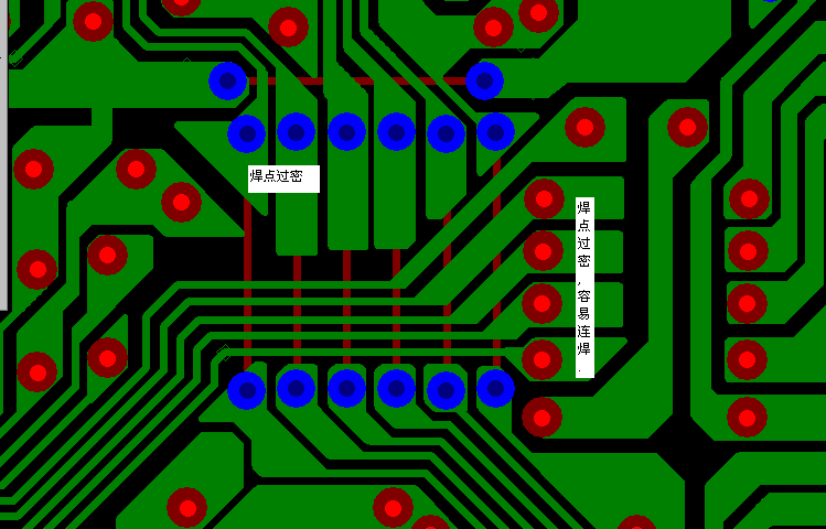 PCB設計焊點過密，易造成波峰連焊，焊點間漏電