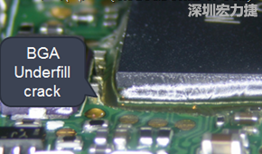 下面兩張照片就顯示既使添加了底部填充膠underfill，經(jīng)過摔落后還是發(fā)生BGA錫球破裂的問題，因為連Underfill膠都裂開了。
