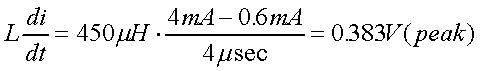 舉例來說，一個閘在"ON"而載有4mA的電流時，突然開關(guān)切到"OFF"且現(xiàn)在載有0.6mA的電流，假設(shè)開關(guān)時間為4msec，載有450mH的電感信號的導(dǎo)體，此時所產(chǎn)生的電壓突波為