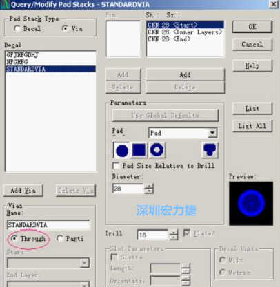 分析文件完成后，點(diǎn)擊菜單Setup→Pad Stacks調(diào)出焊盤堆設(shè)置窗口，將Pad Stack Type改為Via
