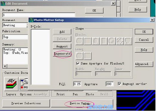 當Gerber和鉆孔都設置完后，選擇一貼片元件較多的層（一般為Top層），點擊Device SetupPhoto，將 Plotter Setup窗口D-Code欄原有的D碼刪除并按Regenerate重新生成