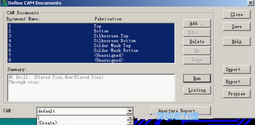 回到Dsfine CAM Documents窗口 ，將所有須輸出的文件用鼠標拉住選擇，按Run輸出，默認輸出路徑是安裝目錄的\CAM\default，也可按CAM的Create更改