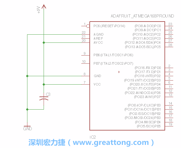 3.1.    新增微控制器晶片（RBBB → ATmega），把它放在電路原理圖的中央附近，把它的兩個接地接頭連接到接地訊號端。