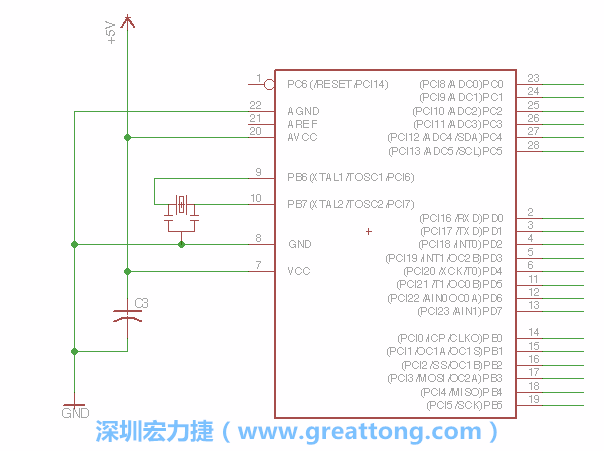 3.2.    在靠近ATmega的電源供應針腳7的位置放置一個0.1μF的電容，將它分別連接電源、接地端和針腳7。