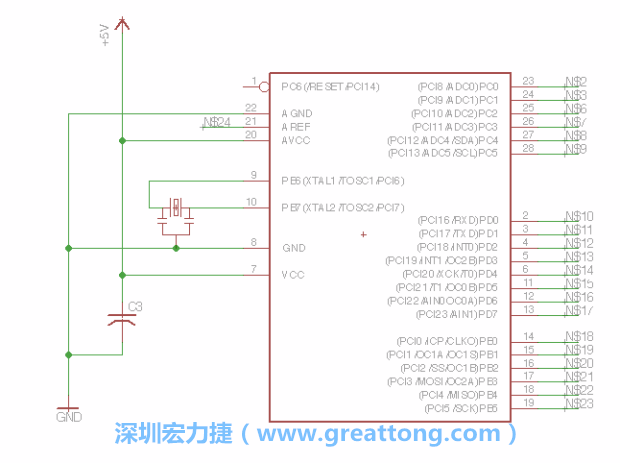 3.3.    將共鳴器（resonator）放置在針腳9和針腳10附近，將它的三個針腳連接如圖所示，并確認最中間的針腳有連到接地端。