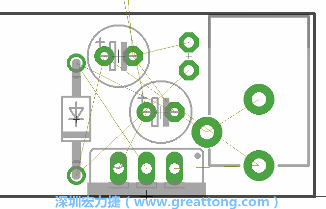 如同第一篇的步驟，我們將從電源迴路開始著手，移動電源插座（Power Jack）、電壓調(diào)整器、二極體、兩個電容和輔助接頭JP1到如上圖所示的位置。