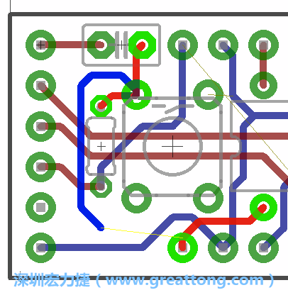 要在電路板正面進(jìn)行+5V信號線連結(jié)和其他連結(jié)點的布線工作是非常容易的，而重置信號線（信號線用來連結(jié)電路板正面左邊的重置開關(guān)）需要經(jīng)過一個可以通過電路板正反兩面的電路通道，這個通道是一個可以讓電路板正反兩面線路連接的一個小孔。