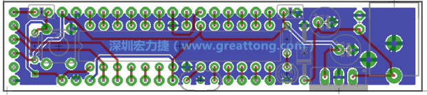 第二篇文章則帶領(lǐng)你進(jìn)行電路板上的布線、連結(jié)點(diǎn)的配置，并利用「設(shè)計(jì)規(guī)則檢查（Design Rule Check）」測(cè)試你的設(shè)計(jì)，第二篇文章的電路板設(shè)計(jì)圖將如下所示：