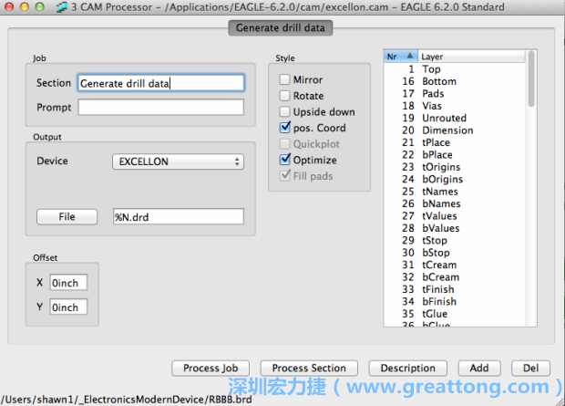 打開「excellon.cam」的工作項(xiàng)目并建立drill文件（副檔名為「.dri」和「.drd」），之后你只會(huì)用到「.drd」的文件檔；「.dri」的文件只是解釋用資料（所謂后設(shè)資料）而已。