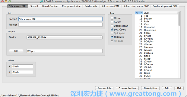 假如你有匯入點(diǎn)陣圖圖層（抑或是有某個(gè)圖層是你不想要它們出現(xiàn)在絲印上的），請(qǐng)?jiān)俅未_認(rèn)標(biāo)簽列下面被指定的圖層都是正確無(wú)誤的。
