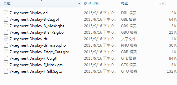 所謂Gerber檔，其實(shí)是包含一群檔案 (如下圖所示)，如包含正反面銅箔層 F.Cu B.Cu.，正反面文字面 F.Silkscreen ，B.Silkscreen，防焊層 SolderMask、板邊裁切Edge.Cuts 等。