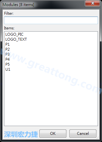 從目前正在編輯的PCB載入Module， 會顯示有那些項(xiàng)目可載入。點(diǎn)選一個(gè)， OK后即完成載入