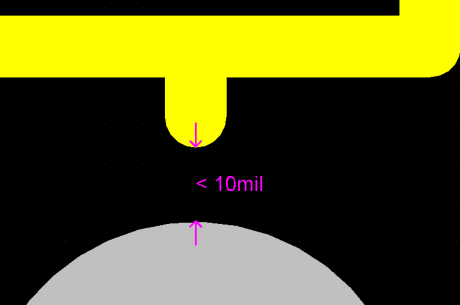 顯示每項(xiàng)違例的細(xì)節(jié)，本例的絲印與焊盤(pán)的間隔少于10mil.
