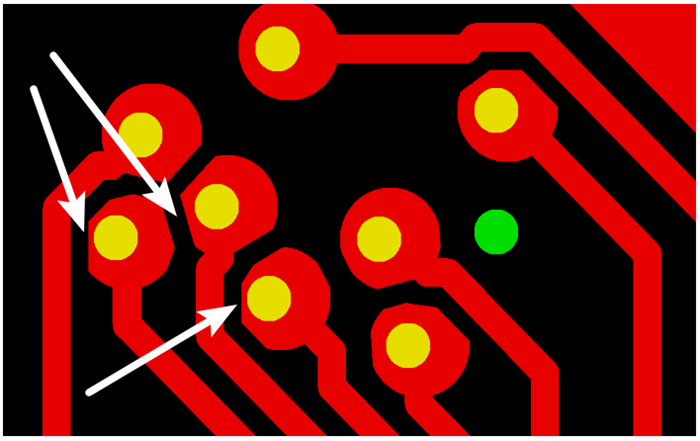 按源文件文件數(shù)據(jù)計(jì)算，孔邊緣到線邊緣6mil，孔環(huán)4mil，環(huán)到線只有2mil，保證環(huán)到線之間有3mil的安全間距需削1mil焊環(huán)，削后焊盤只有3mil