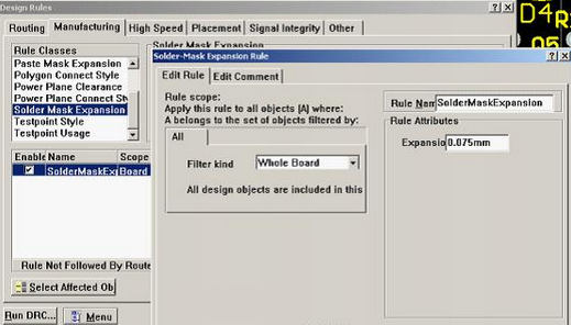 5. 而對于阻焊的調(diào)整則可以通過按D、R調(diào)出[Manufacturing]制作設(shè)計(jì)規(guī)則的[Solder-Mask Expansion Rule]設(shè)置項(xiàng)直接設(shè)定單邊放大值