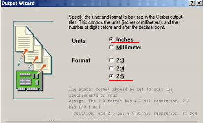 在上圖中選擇“Inches 2：5”，以確保資料精度，反之線寬、線距或孔有偏移現(xiàn)象