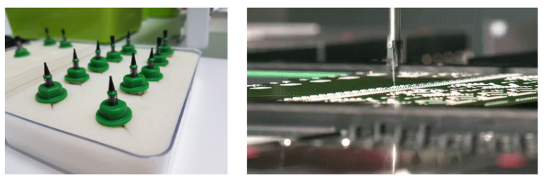 用來吸取零件的小吸盤（左），自動機(jī)械臂將零件迅速向下扔（右）